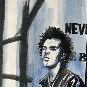 Original art, watercolor, Sid Vicious, Sex Pistols, signed, art sale